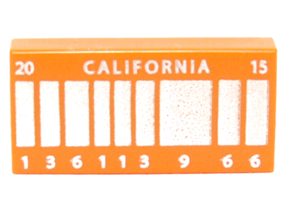 Display of LEGO part no. 3069bpb0287 Tile 1 x 2 with Groove with Silver Stripes, 'CALIFORNIA', '20', '15' and '136113 9 66' Pattern  which is a Orange Tile 1 x 2 with Groove with Silver Stripes, 'CALIFORNIA', '20', '15' and '136113 9 66' Pattern 