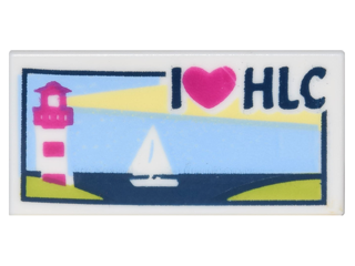 Display of LEGO part no. 3069bpb0382 Tile 1 x 2 with Groove with Lighthouse, Sailboat and 'I Heart HLC' Pattern  which is a White Tile 1 x 2 with Groove with Lighthouse, Sailboat and 'I Heart HLC' Pattern 