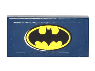 Display of LEGO part no. 3069bpb0518 Tile 1 x 2 with Groove with Black and Yellow Oval Batman Logo on Transparent Background Pattern (Sticker), Set 6857  which is a Dark Blue Tile 1 x 2 with Groove with Black and Yellow Oval Batman Logo on Transparent Background Pattern (Sticker), Set 6857 