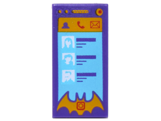 Display of LEGO part no. 3069bpb0547 Tile 1 x 2 with Groove with Smartphone with Contact, Phone, Mail and Batgirl Logo Shape Pattern  which is a Dark Purple Tile 1 x 2 with Groove with Smartphone with Contact, Phone, Mail and Batgirl Logo Shape Pattern 