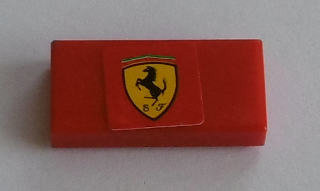 Display of LEGO part no. 3069bpb0578 Tile 1 x 2 with Groove with Yellow Ferrari Logo Pattern (Sticker), Set 8144  which is a Red Tile 1 x 2 with Groove with Yellow Ferrari Logo Pattern (Sticker), Set 8144 