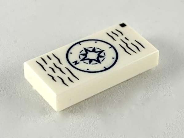 Display of LEGO part no. 3069bpb0713 Tile 1 x 2 with Groove with Compass and Wavy Lines Pattern  which is a White Tile 1 x 2 with Groove with Compass and Wavy Lines Pattern 