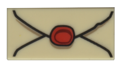Display of LEGO part no. 3069bpb0730 Tile 1 x 2 with Groove with Envelope with Red Wax Seal and Dark Highlights Pattern  which is a Tan Tile 1 x 2 with Groove with Envelope with Red Wax Seal and Dark Highlights Pattern 