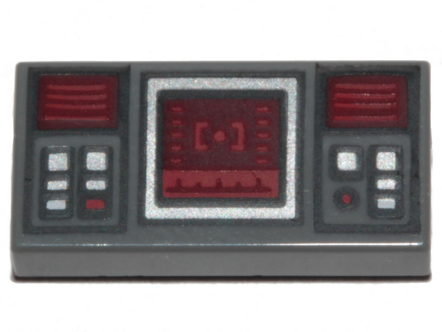 Display of LEGO part no. 3069bpb0777 Tile 1 x 2 with Groove with SW Dark Red Target Screen, Dark Red and Silver Buttons Pattern  which is a Dark Bluish Gray Tile 1 x 2 with Groove with SW Dark Red Target Screen, Dark Red and Silver Buttons Pattern 