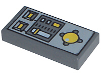 Display of LEGO part no. 3069bpc1 Tile 1 x 2 with Groove with Vehicle Control Panel Pattern  which is a Dark Bluish Gray Tile 1 x 2 with Groove with Vehicle Control Panel Pattern 
