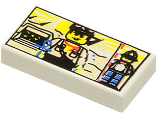 Display of LEGO part no. 3069bpx22 Tile 1 x 2 with Groove with Minifigure and Pyramids Pattern  which is a White Tile 1 x 2 with Groove with Minifigure and Pyramids Pattern 