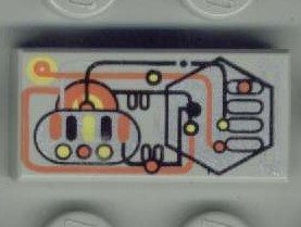 Display of LEGO part no. 3069bpx25 Tile 1 x 2 with Groove with Silver, Orange, Yellow, Black Circuitry Pattern  which is a Light Gray Tile 1 x 2 with Groove with Silver, Orange, Yellow, Black Circuitry Pattern 