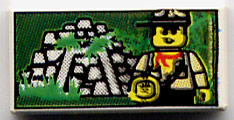 Display of LEGO part no. 3069bpx30 Tile 1 x 2 with Groove with Minifigure and Jungle Ruins Pattern  which is a White Tile 1 x 2 with Groove with Minifigure and Jungle Ruins Pattern 
