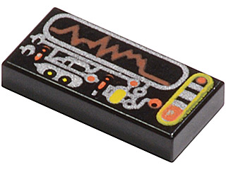 Display of LEGO part no. 3069bpx32 Tile 1 x 2 with Groove with Silver, Orange, Yellow Circuitry & Display Pattern  which is a Black Tile 1 x 2 with Groove with Silver, Orange, Yellow Circuitry & Display Pattern 