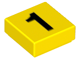 Display of LEGO part no. 3070bp01 Tile 1 x 1 with Groove with Black Number 1 Pattern  which is a Yellow Tile 1 x 1 with Groove with Black Number 1 Pattern 