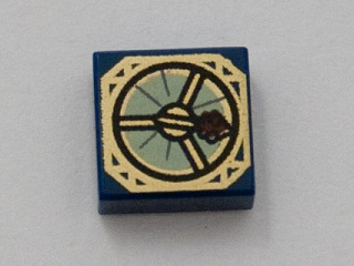 Display of LEGO part no. 3070bpb052 Tile 1 x 1 with Groove with Magic Compass with Thick Dark Red Needle Pattern  which is a Dark Blue Tile 1 x 1 with Groove with Magic Compass with Thick Dark Red Needle Pattern 