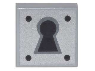 Display of LEGO part no. 3070bpb081 Tile 1 x 1 with Groove with Black Keyhole and 4 Dots on Silver Background Pattern  which is a Light Bluish Gray Tile 1 x 1 with Groove with Black Keyhole and 4 Dots on Silver Background Pattern 