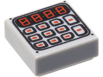 Display of LEGO part no. 3070bpb089 Tile 1 x 1 with Groove with Black and Red Digital Keypad Pattern  which is a Light Bluish Gray Tile 1 x 1 with Groove with Black and Red Digital Keypad Pattern 