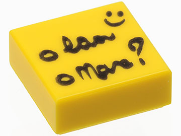 Display of LEGO part no. 3070bpb093 Tile 1 x 1 with Groove with Black Script, Question Mark, and Smiley Face Pattern  which is a Yellow Tile 1 x 1 with Groove with Black Script, Question Mark, and Smiley Face Pattern 