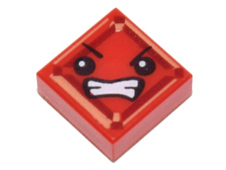 Display of LEGO part no. 3070bpb110 Tile 1 x 1 with Groove with Face with Angry Eyes and Bared Teeth (Kryptomite) Pattern  which is a Red Tile 1 x 1 with Groove with Face with Angry Eyes and Bared Teeth (Kryptomite) Pattern 