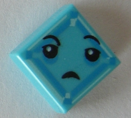 Display of LEGO part no. 3070bpb113 Tile 1 x 1 with Groove with Black Eyes, Small Frown, Light Aqua and Dark Azure Square Pattern (Kryptomite Face)  which is a Medium Azure Tile 1 x 1 with Groove with Black Eyes, Small Frown, Light Aqua and Dark Azure Square Pattern (Kryptomite Face) 