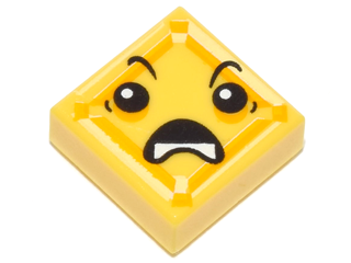 Display of LEGO part no. 3070bpb114 Tile 1 x 1 with Groove with Face with Open Downturned Mouth (Kryptomite) Pattern  which is a Yellow Tile 1 x 1 with Groove with Face with Open Downturned Mouth (Kryptomite) Pattern 