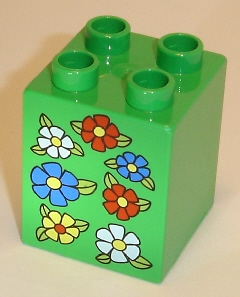 Display of LEGO part no. 31110pb037 Duplo, Brick 2 x 2 x 2 with 7 Flowers Pattern  which is a Bright Green Duplo, Brick 2 x 2 x 2 with 7 Flowers Pattern 
