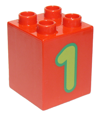 Display of LEGO part no. 31110pb073 Duplo, Brick 2 x 2 x 2 with Number 1 Lime Pattern  which is a Red Duplo, Brick 2 x 2 x 2 with Number 1 Lime Pattern 