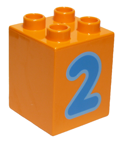 Display of LEGO part no. 31110pb074 Duplo, Brick 2 x 2 x 2 with Number 2 Blue Pattern  which is a Orange Duplo, Brick 2 x 2 x 2 with Number 2 Blue Pattern 