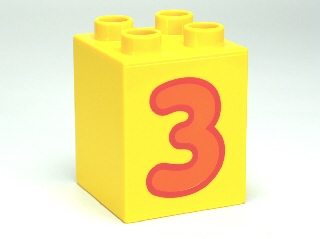Display of LEGO part no. 31110pb075 Duplo, Brick 2 x 2 x 2 with Number 3 Orange Pattern  which is a Yellow Duplo, Brick 2 x 2 x 2 with Number 3 Orange Pattern 