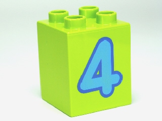 Display of LEGO part no. 31110pb076 Duplo, Brick 2 x 2 x 2 with Number 4 Medium Blue Pattern  which is a Lime Duplo, Brick 2 x 2 x 2 with Number 4 Medium Blue Pattern 