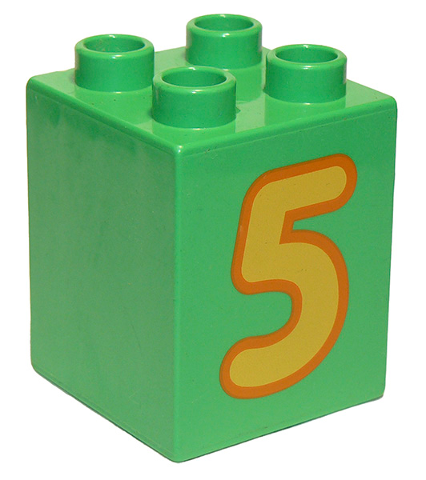 Display of LEGO part no. 31110pb077 Duplo, Brick 2 x 2 x 2 with Number 5 Yellow Pattern  which is a Bright Green Duplo, Brick 2 x 2 x 2 with Number 5 Yellow Pattern 