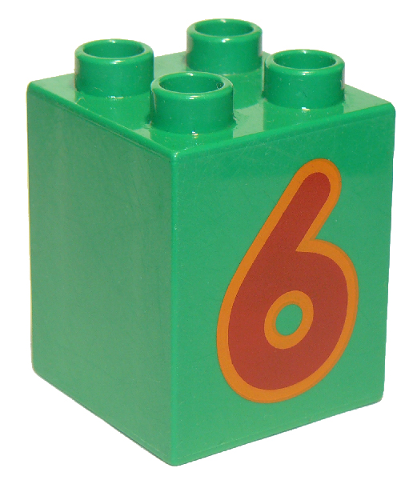 Display of LEGO part no. 31110pb078 Duplo, Brick 2 x 2 x 2 with Number 6 Red Pattern  which is a Green Duplo, Brick 2 x 2 x 2 with Number 6 Red Pattern 