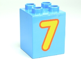 Display of LEGO part no. 31110pb079 Duplo, Brick 2 x 2 x 2 with Number 7 Yellow Pattern  which is a Medium Blue Duplo, Brick 2 x 2 x 2 with Number 7 Yellow Pattern 