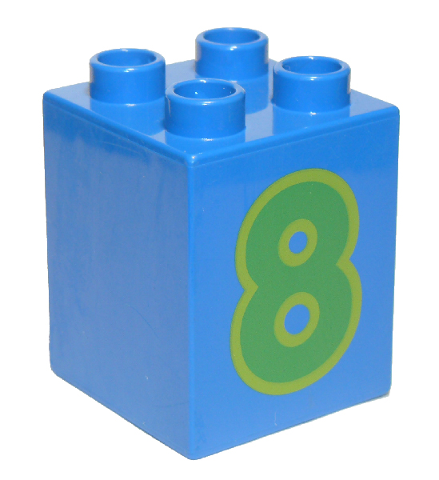 Display of LEGO part no. 31110pb080 Duplo, Brick 2 x 2 x 2 with Number 8 Green Pattern  which is a Blue Duplo, Brick 2 x 2 x 2 with Number 8 Green Pattern 