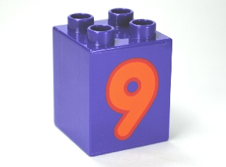 Display of LEGO part no. 31110pb081 Duplo, Brick 2 x 2 x 2 with Number 9 Orange Pattern  which is a Dark Purple Duplo, Brick 2 x 2 x 2 with Number 9 Orange Pattern 