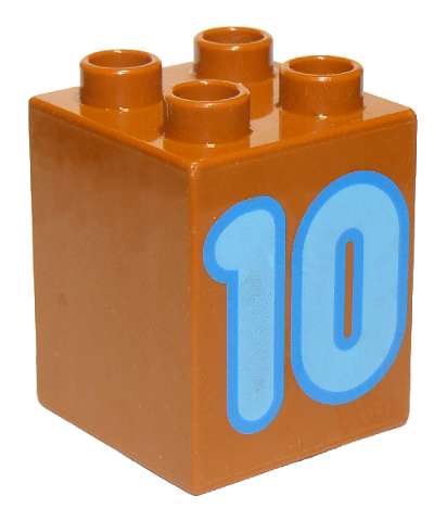 Display of LEGO part no. 31110pb082 Duplo, Brick 2 x 2 x 2 with Number 10 Medium Blue Pattern  which is a Dark Orange Duplo, Brick 2 x 2 x 2 with Number 10 Medium Blue Pattern 