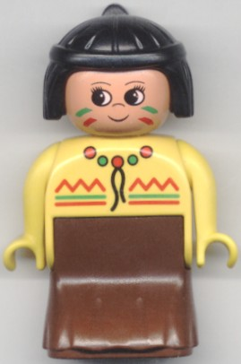 Display of LEGO Duplo Duplo Figure, Female Lady, Brown Dress, Yellow Top, Black Hair (American Indian)