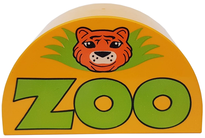 Display of LEGO part no. 31213pb014 Duplo, Brick 2 x 4 x 2 Slope Curved Double with 'ZOO' and Lion Head Pattern  which is a Bright Light Orange Duplo, Brick 2 x 4 x 2 Slope Curved Double with 'ZOO' and Lion Head Pattern 