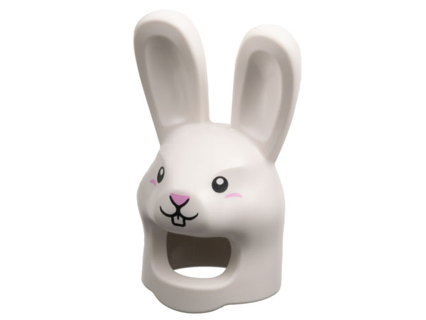 Display of LEGO part no. 3158pb01 which is a White Minifigure, Headgear Head Cover, Costume Rabbit with Black Eyes and Mouth, Bright Pink Nose Pattern 