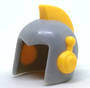 Display of LEGO part no. 31893pb01 Minifigure, Headgear Helmet Space Retro with Open Front and Bright Light Orange Earpieces and Crest Pattern  which is a Light Bluish Gray Minifigure, Headgear Helmet Space Retro with Open Front and Bright Light Orange Earpieces and Crest Pattern 