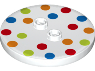 Display of LEGO part no. 32627pb01 Tile, Round 4 x 4 with 2 Hollow Studs with Polka Dot Pattern  which is a White Tile, Round 4 x 4 with 2 Hollow Studs with Polka Dot Pattern 