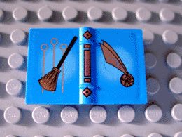 Display of LEGO part no. 33009pb004 Minifigure, Utensil Book 2 x 3 with Quidditch Rings, Broom, and Golden Snitch Pattern  which is a Blue Minifigure, Utensil Book 2 x 3 with Quidditch Rings, Broom, and Golden Snitch Pattern 