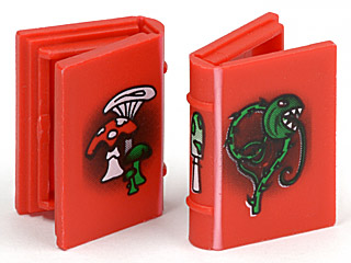 Display of LEGO part no. 33009px2 Minifigure, Utensil Book 2 x 3 with Mushrooms and Vine Pattern  which is a Red Minifigure, Utensil Book 2 x 3 with Mushrooms and Vine Pattern 