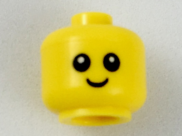 Display of LEGO part no. 33464pb01 Minifigure, Baby / Toddler Head with Neck with Black Eyes, White Pupils, and Smile Pattern  which is a Yellow Minifigure, Baby / Toddler Head with Neck with Black Eyes, White Pupils, and Smile Pattern 