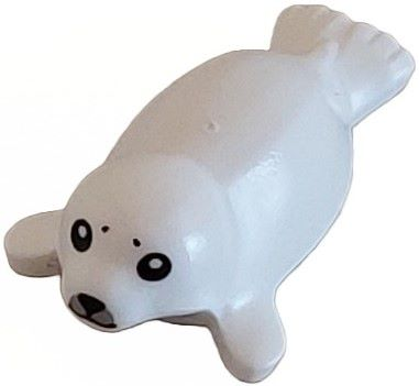 Display of LEGO part no. 3399pb01 which is a White Seal, Baby with Black Eyes, Nose and Mouth, and Light Bluish Gray Muzzle Pattern 