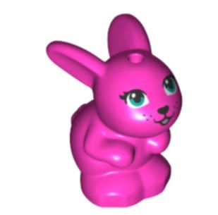 Display of LEGO part no. 34050pb03 which is a Dark Pink Bunny / Rabbit, Friends, Sitting with Dark Turquoise Eyes, Black Nose and Mouth, and Bright Pink Tongue Pattern 