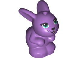 Display of LEGO part no. 34050pb03 which is a Medium Lavender Bunny / Rabbit, Friends, Sitting with Dark Turquoise Eyes, Black Nose and Mouth, and Bright Pink Tongue Pattern 