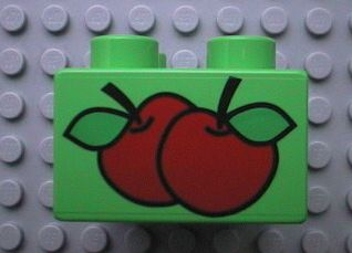 Display of LEGO part no. 3437pb004 Duplo, Brick 2 x 2 with 2 Apples Pattern  which is a Bright Green Duplo, Brick 2 x 2 with 2 Apples Pattern 