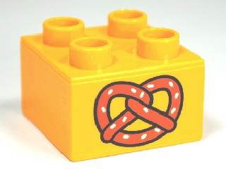 Display of LEGO part no. 3437pb055 Duplo, Brick 2 x 2 with Pretzel Pattern  which is a Bright Light Orange Duplo, Brick 2 x 2 with Pretzel Pattern 