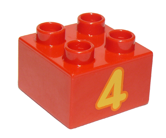 Display of LEGO part no. 3437pb066 Duplo, Brick 2 x 2 with Number 4 Bright Light Orange Pattern  which is a Red Duplo, Brick 2 x 2 with Number 4 Bright Light Orange Pattern 