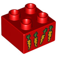 Display of LEGO part no. 3437pb068 Duplo, Brick 2 x 2 with 4 Carrots Pattern  which is a Red Duplo, Brick 2 x 2 with 4 Carrots Pattern 