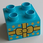 Display of LEGO part no. 3437pb077 Duplo, Brick 2 x 2 with Present / Gift with Yellow Bow and Polka Dots Pattern  which is a Medium Azure Duplo, Brick 2 x 2 with Present / Gift with Yellow Bow and Polka Dots Pattern 