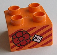 Display of LEGO part no. 3437pb078 Duplo, Brick 2 x 2 with Present / Gift with Bow and Stripes Pattern  which is a Orange Duplo, Brick 2 x 2 with Present / Gift with Bow and Stripes Pattern 