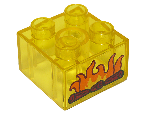 Display of LEGO part no. 3437pb092 Duplo, Brick 2 x 2 with Burning Logs Pattern  which is a Trans-Yellow Duplo, Brick 2 x 2 with Burning Logs Pattern 